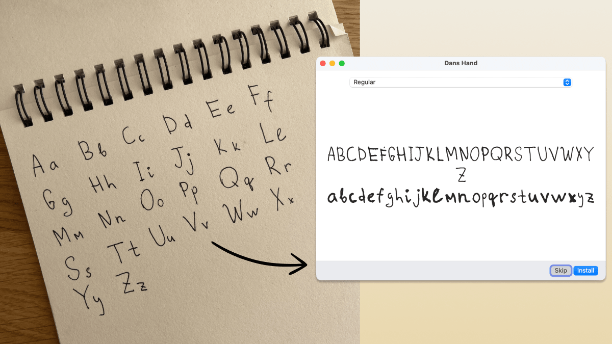 A handwritten alphabet beside a generated font preview